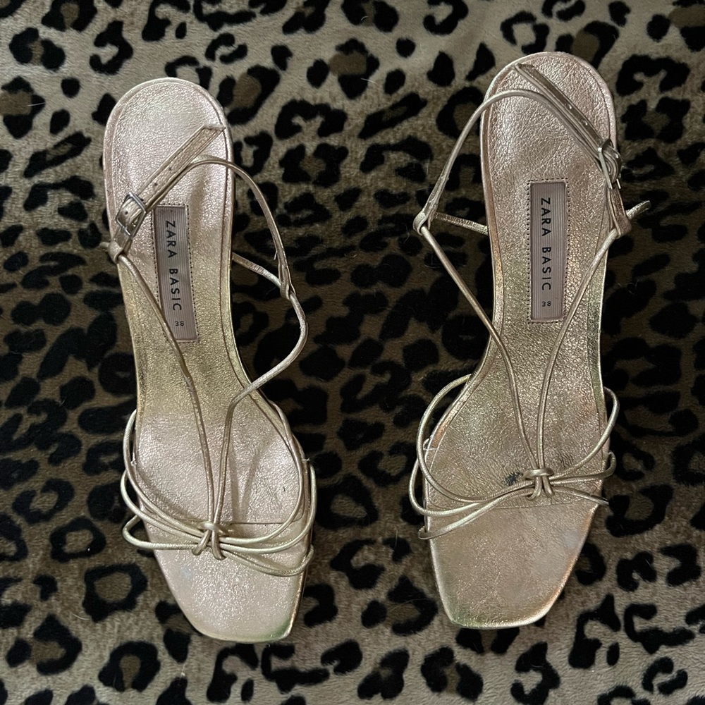Zara Metallic Gold Square Toe Strappy Sandals